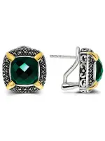 Серебряные серьги с зеленым агатом, марказитами Swarovski и позолотой