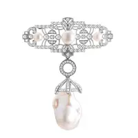 Серебряная брошь с жемчугом и фианитами