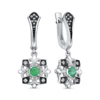 Серьги из серебра с изумрудом и фианитами «Цветок»