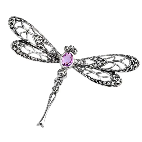 Серебряная брошь с аметистом и марказитами Swarovski