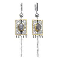 Серьги из серебра с лунным камнем, жемчугом и фианитами