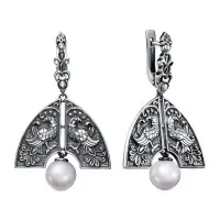 Серебряные серьги с жемчугом «Жар-птица» кокошник с жемчугом