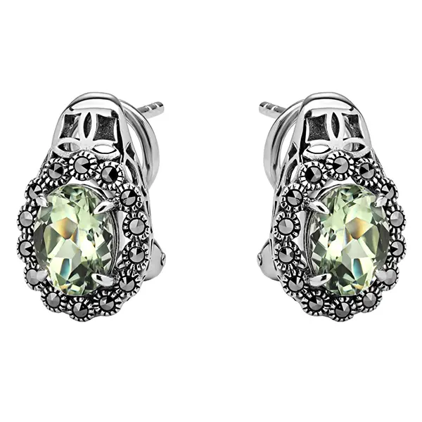 Серебряные серьги с зеленым аметистом и марказитами Swarovski