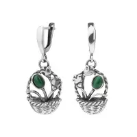 Серьги из серебра с малахитом «Корзинка с цветами»