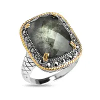 Серебряное кольцо с лабрадоритом, горным хрусталем, марказитами Swarovski и позолотой