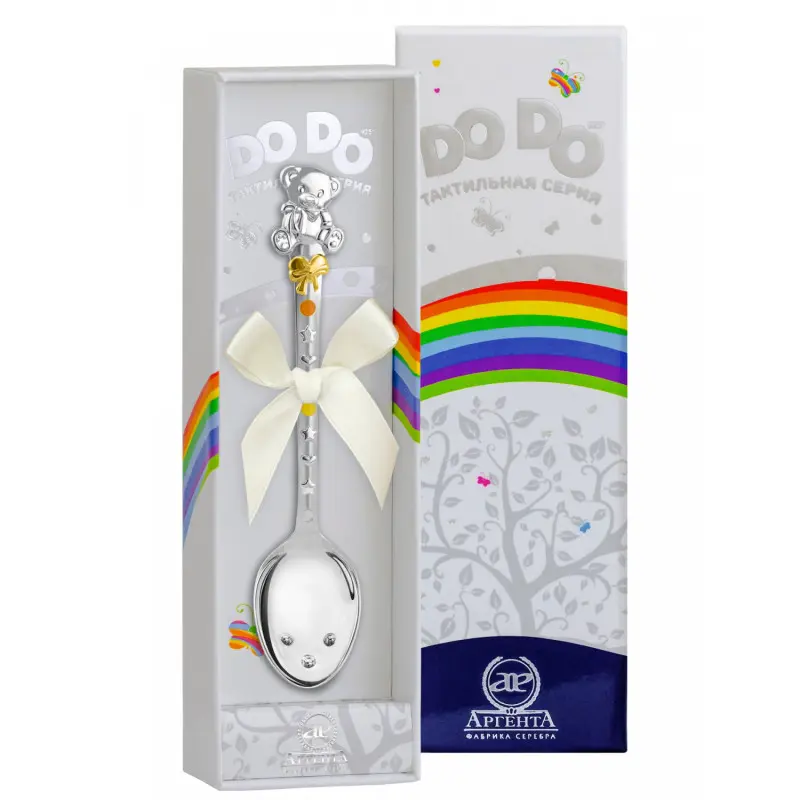 Ложка тактильная детская «Мишка с бантом» с позолотой и эмалью