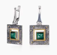 Серебряные серьги с малахитом «Квадрат»
