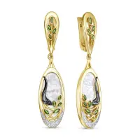 Серьги из серебра с перламутром, фианитами и холодной эмалью «Соловушка»