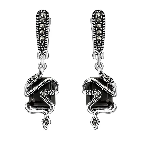 Серебряные серьги с черным ониксом и марказитами