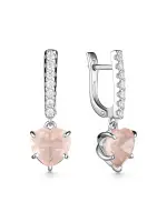 Серебряные серьги с розовым кварцем и фианитами «Сердце»