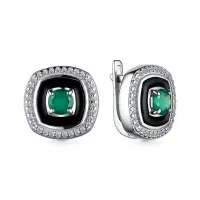 Серебряные серьги с зеленым агатом и фианитами