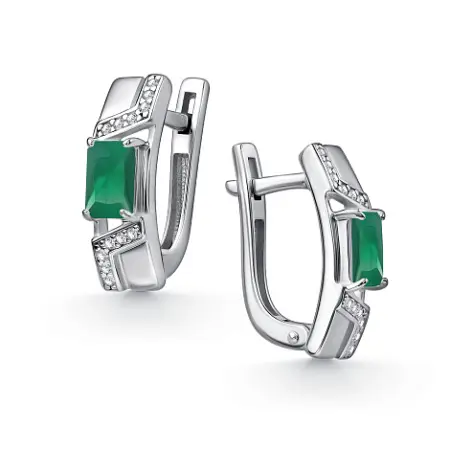 Серьги из серебра с зелёным агатом и фианитами