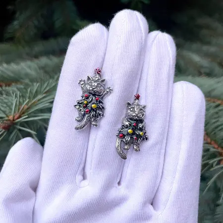 Серьги из серебра 925 Новый кот и елка
