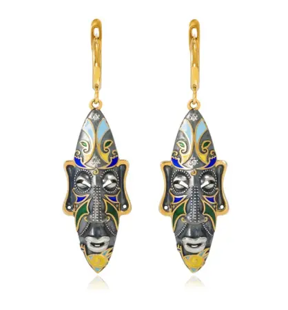 Серебряные серьги «Африканская маска Оконга» (золочение), разноцветные