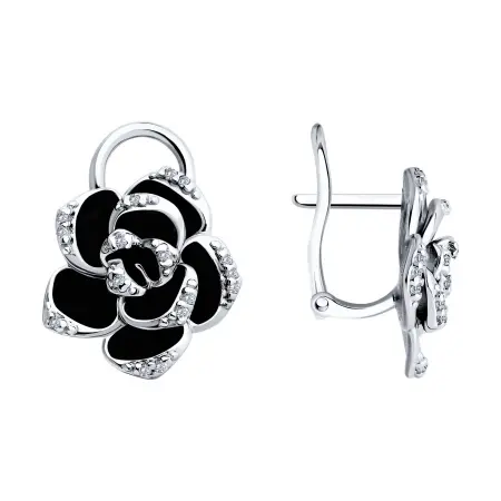 Серебряные серьги с фианитами и эмалью «Цветок»