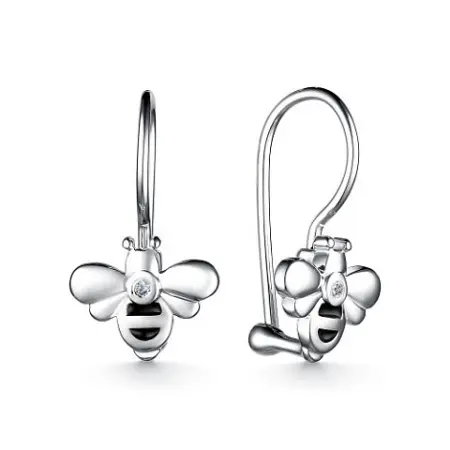 Детские серьги из серебра с фианитом и эмалью «Пчела»