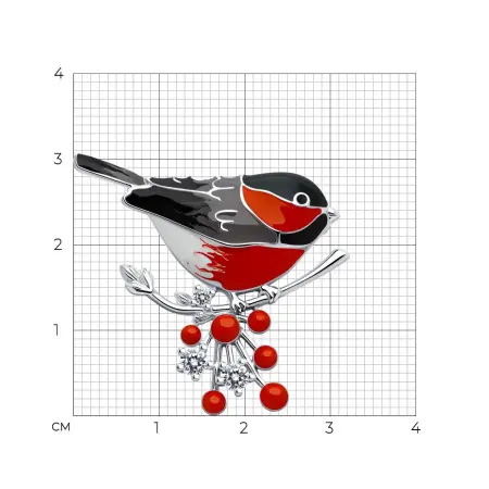 Брошь из серебра с фианитами и эмалью «Снегирь»