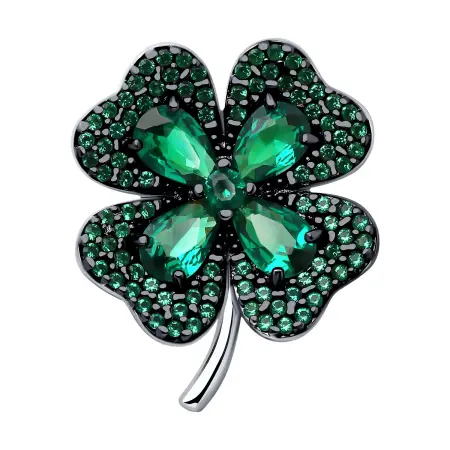 Брошь из серебра с фианитами «Клевер» четырехлистник