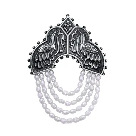 Серебряная брошь с жемчугом «Кокошник»