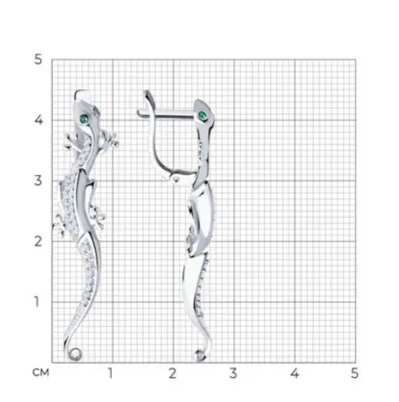 Серьги длинные из серебра с фианитами «Ящерица»