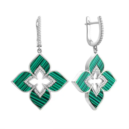 Серебряные серьги с синтетическим малахитом «Цветок»