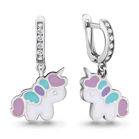 Серьги детские серебряные с эмалью «Единорог»