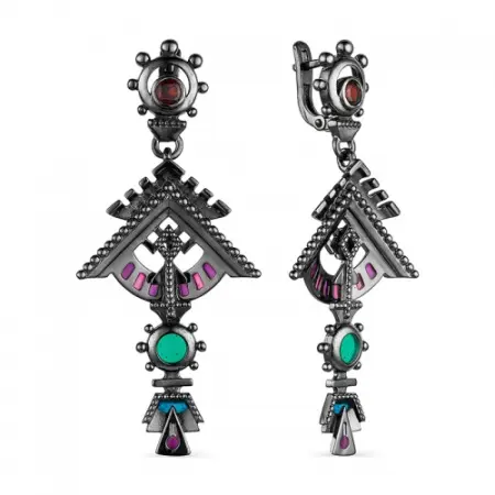 Серебряные серьги с витражной эмалью и гранатами