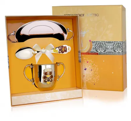 Серебряный набор «Мишка» с эмалью блюдце, поильник, ложка