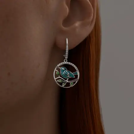 Серьги из серебра с фианитами и эмалью «Птичка»