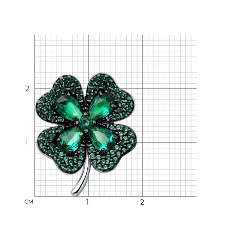 Брошь из серебра с фианитами «Клевер» четырехлистник