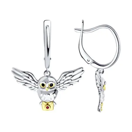 Серьги из золочёного серебра с корундами и фианитами «Сова»