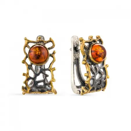 Серьги из серебра «Янтарь и водоросли»