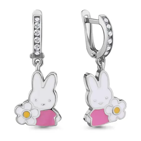 Детские серьги из серебра с фианитами и эмалью «Зайчик»