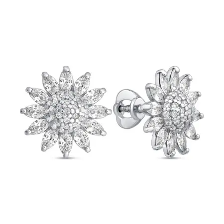 Серьги из серебра с фианитами «Ромашка»