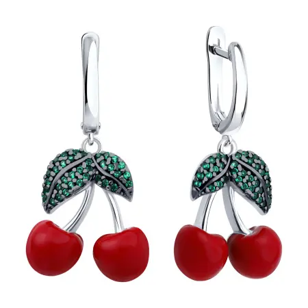 Серебряные серьги с эмалью и фианитами «Вишня»
