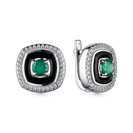 Серебряные серьги с зеленым агатом и фианитами