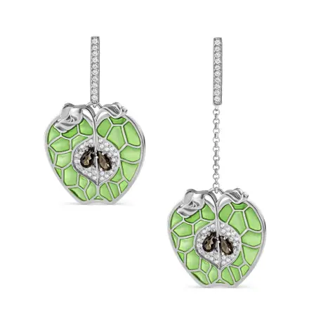 Серебряные серьги с эмалью, раух-топазом и фианитами «Яблоко»