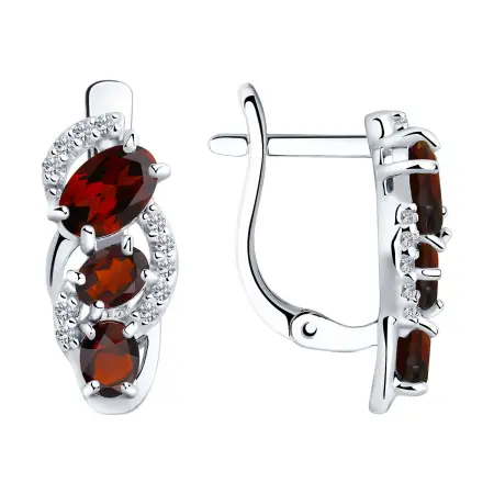 Серьги из серебра с гранатом и фианитами