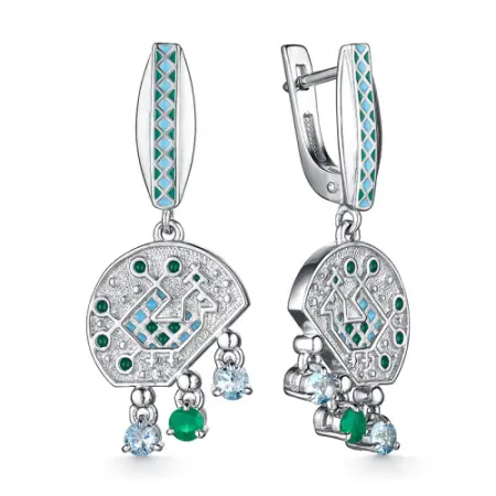 Серьги из серебра с агатом, фианитами и эмалью «Петух»