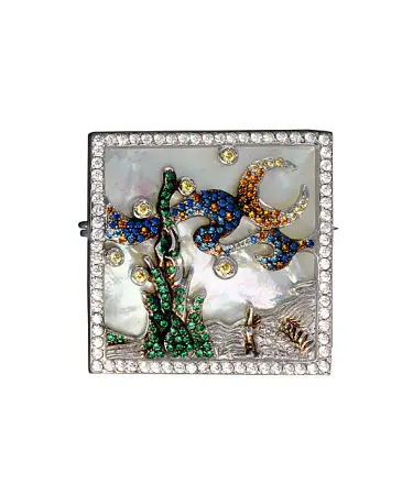 Серебряная брошь с фианитами, перламутром и шпинелью