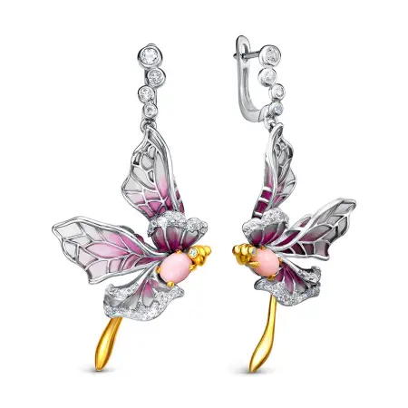 Серьги из серебра с витражной эмалью и перламутром «Стрекоза»
