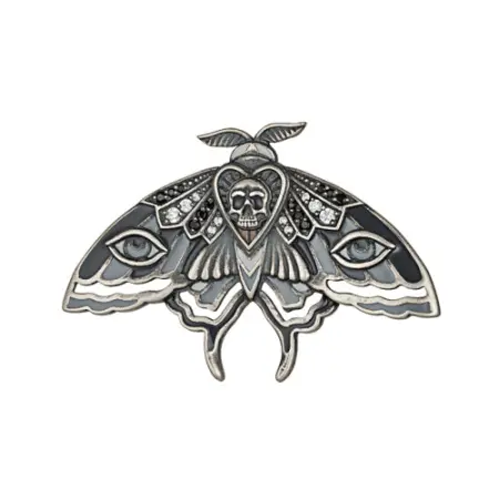 Серебряная брошь «Мотылек бражник» череп с эмалью и фианитами