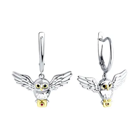 Серьги из золочёного серебра с корундами и фианитами «Сова»