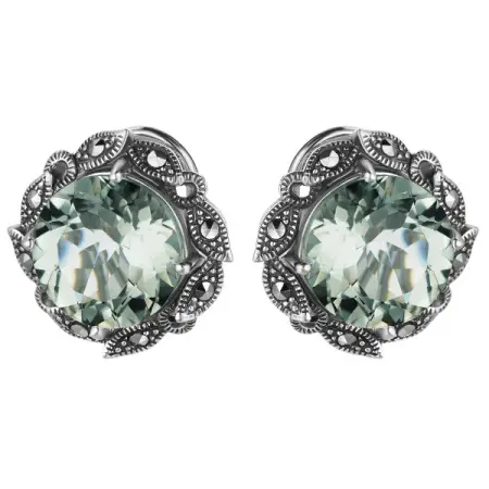 Серебряные серьги с зеленым аметистом и марказитами Swarovski