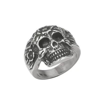 Серебряное мужское кольцо «Череп и цветы»