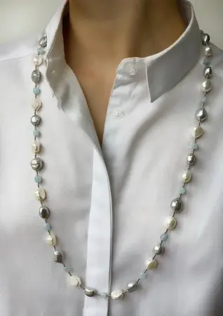 Бусы из жемчуга, аквамарина и серебра