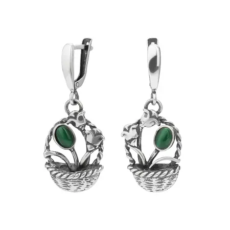 Серьги из серебра с малахитом «Корзинка с цветами»