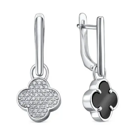 Серьги из серебра с черным ониксом и фианитами