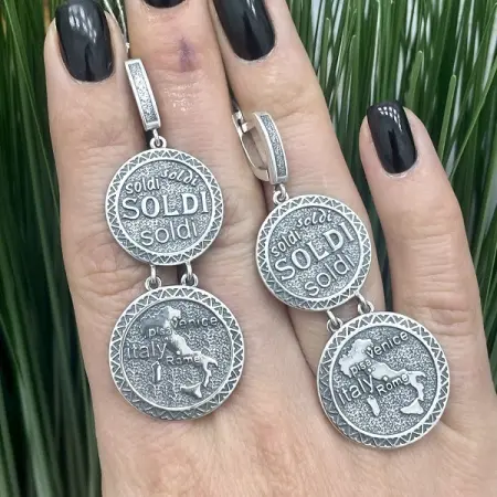 Длинные серьги из серебра монетки «Италия»