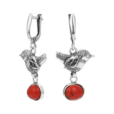 Серебряные серьги с кораллом «Птица»